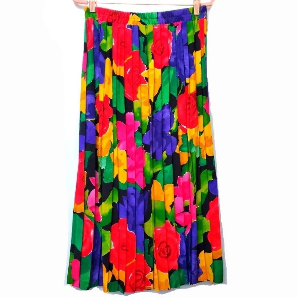 VTG Petite Sophisticated Illustrations Multicolor Pleated Floral Boho Skirt Sz M